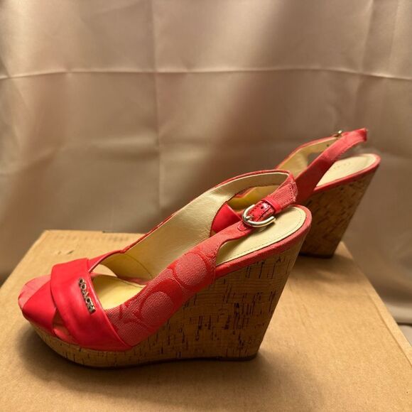 Coach Coral Orange Peep Toe Slingback Wedge Sandals 6.5 Cork Patent leather Logo - Picture 11 of 14